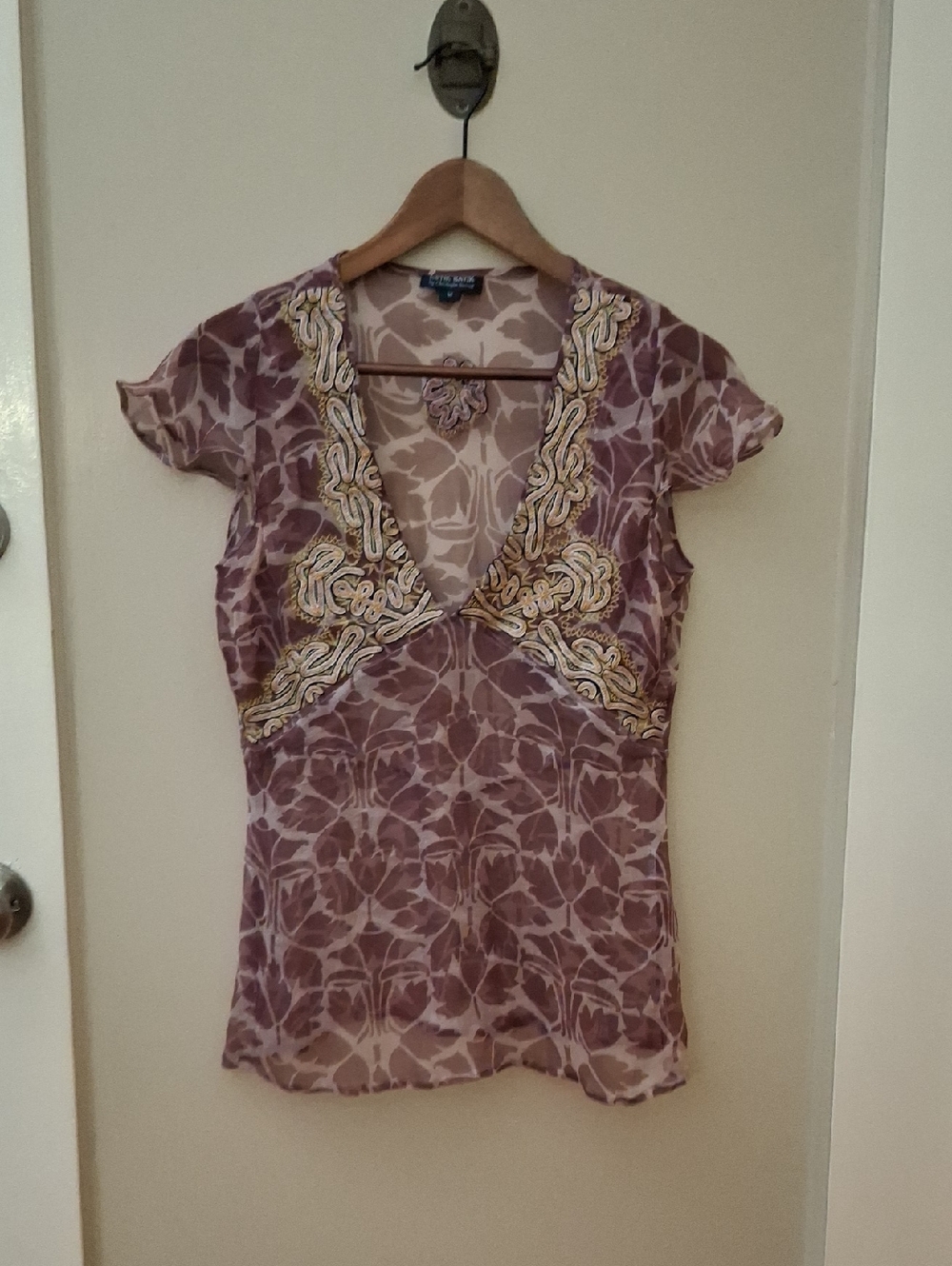 Antik Batik Silk Mauve Sheer Embroidered V-Neck Top_1
